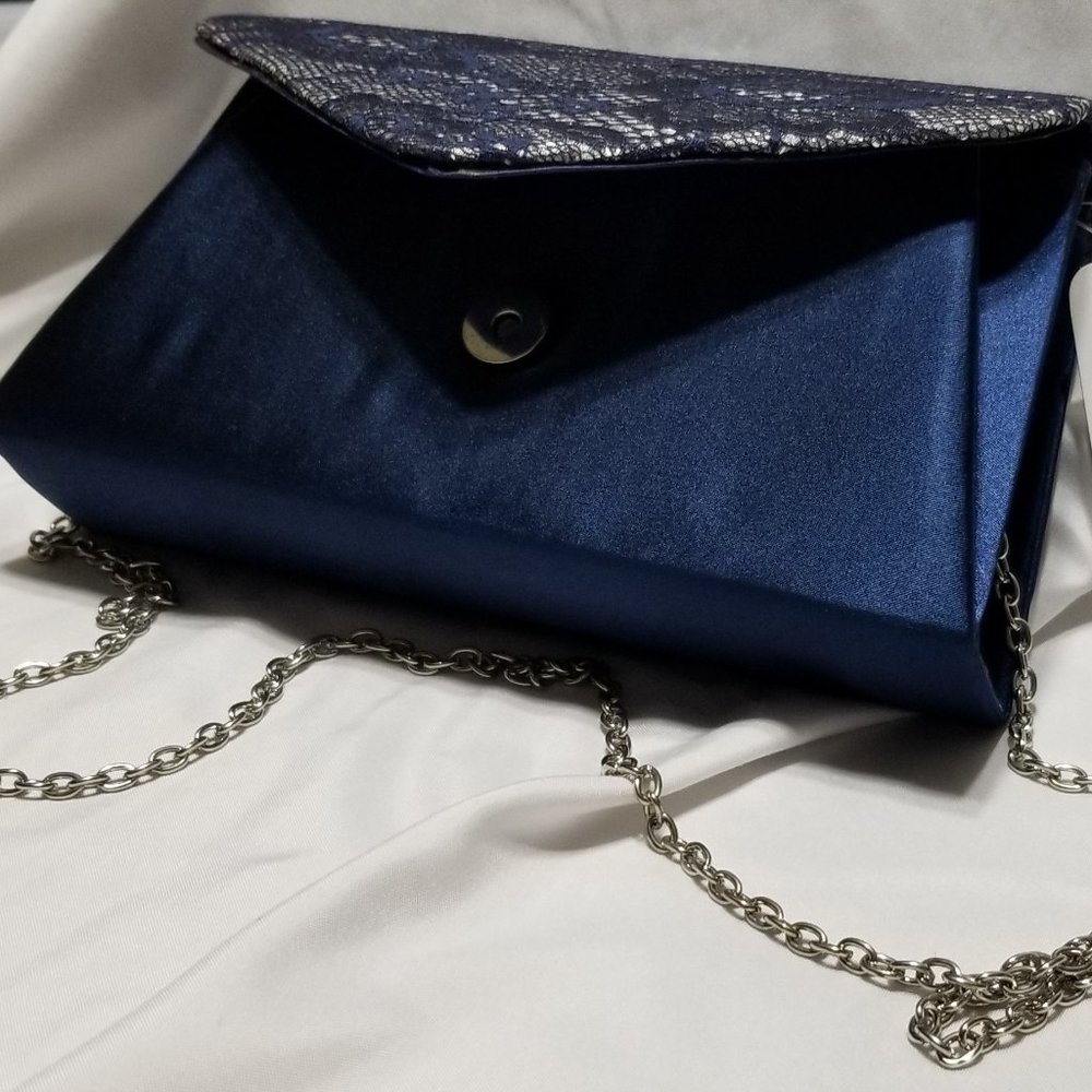 NWT Dunne Sax Satin Blue Convertible Evening Lilly Clutch by Jessica McClintock - Picture 5 of 15